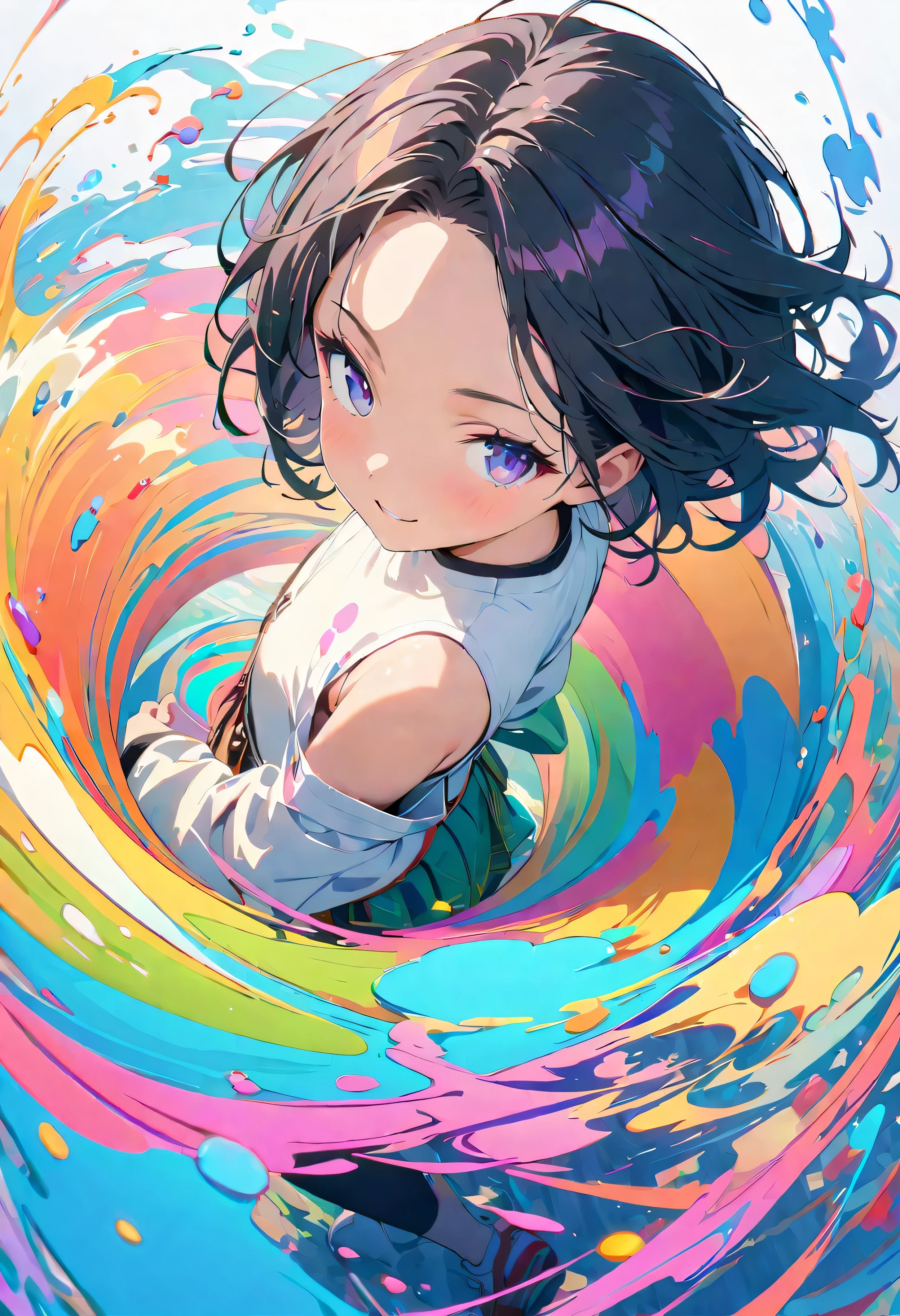 (masterpiece, Highest quality, Official Art:1.2), (colorful), Perfect Anatomy, Looking at the audience,One Girl, alone, White Background, floating colorful water, Ultra-fine illustrations, Highly Details, Dynamic Angle, Beautiful detailed, 8K, 壊す smiling amidst the colorful scenes, (High resolution), Anime Style, (Fractal Art:1.1), 12 years old, Center parted short bob, hair between eyes, forehead