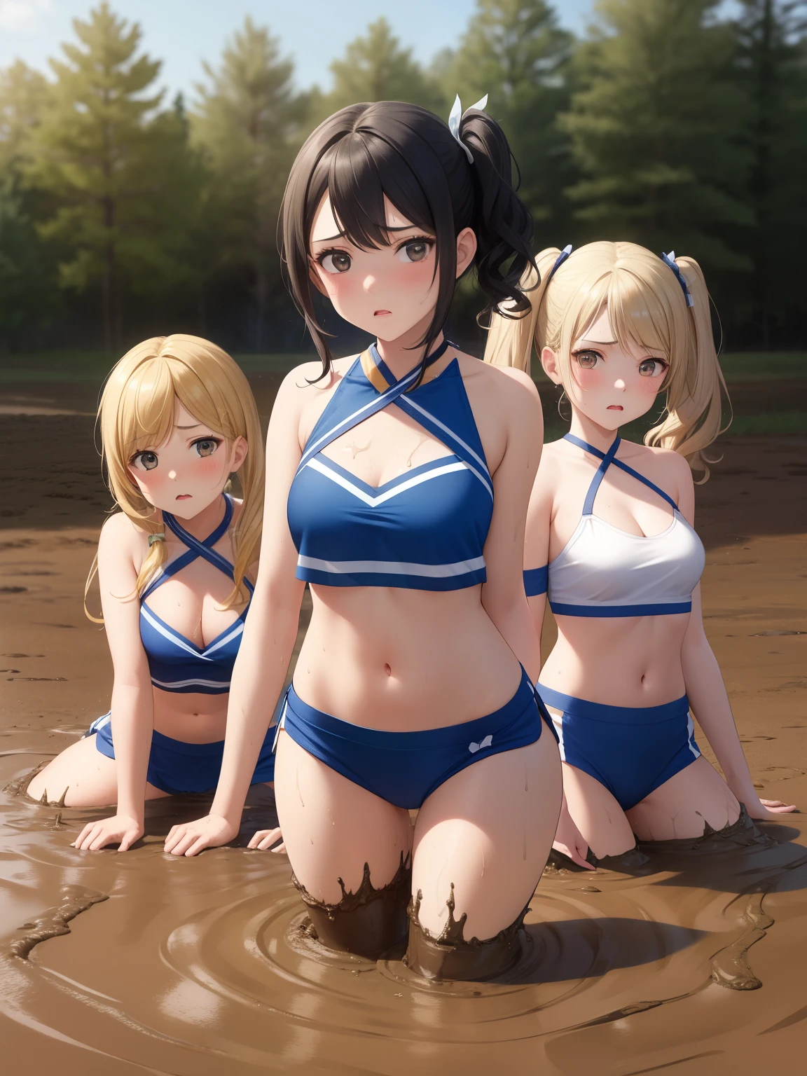 masterpiece, best quality, highly detailed, ultra high res, ayase arisa, 3girls, (mutiple girls:1.2), hair ornament, twintails, curly hair, side ponytail, glossy lips, cheerleader, looking at viewer, school field, medium breasts, halter top, (upset), (sinking in mud), 3 girls sinking in mud