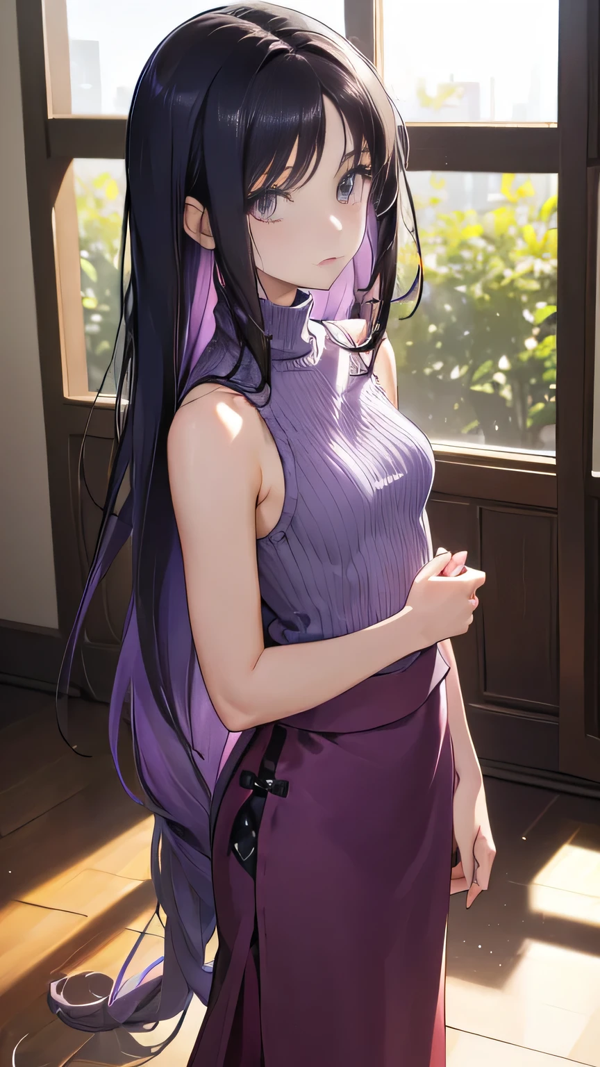 ((masterpiece)), accurate, high details, (detailed eyes), best quality, highres, super detail, Turtleneck sweater, sleeveless, flare skirt, (lavender colored clothing), black hair, long hair, straight hair, mole under eye, Inside the room, afternoon sun, ((put her hands behind her back)), from back