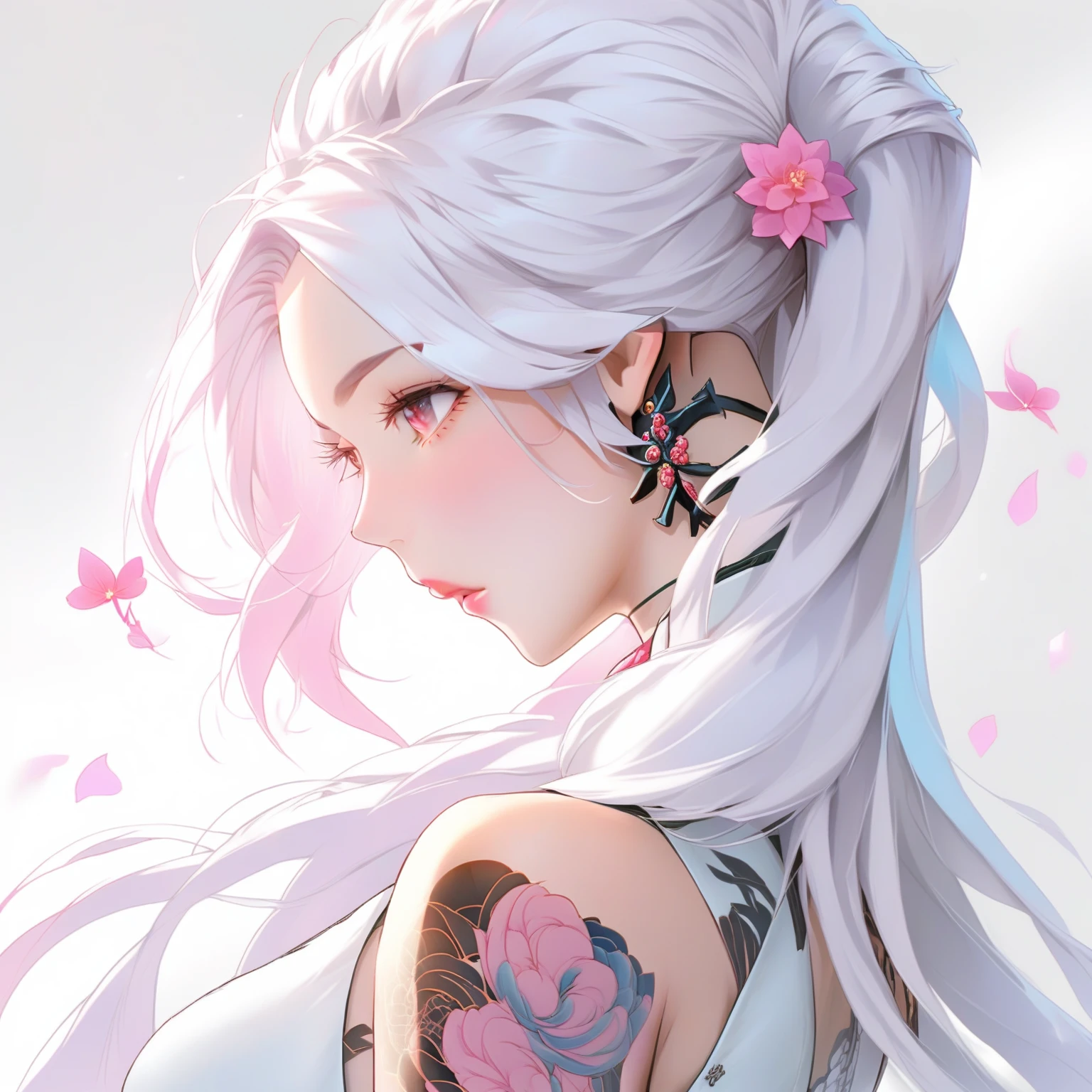 Anime girl with long white hair and pink tattoo on chest, Anime Girl Profile, Beautiful anime girl, White hair girl, Beautiful anime woman, Smooth anime CG art, Perfect white-haired girl, White-haired deity, detailed Digital Animation Art, Beautiful anime portrait, Silver Hair girl, Digital Animation Art, Tifa Lockhart white hair, Silver Hair (Ponytail)