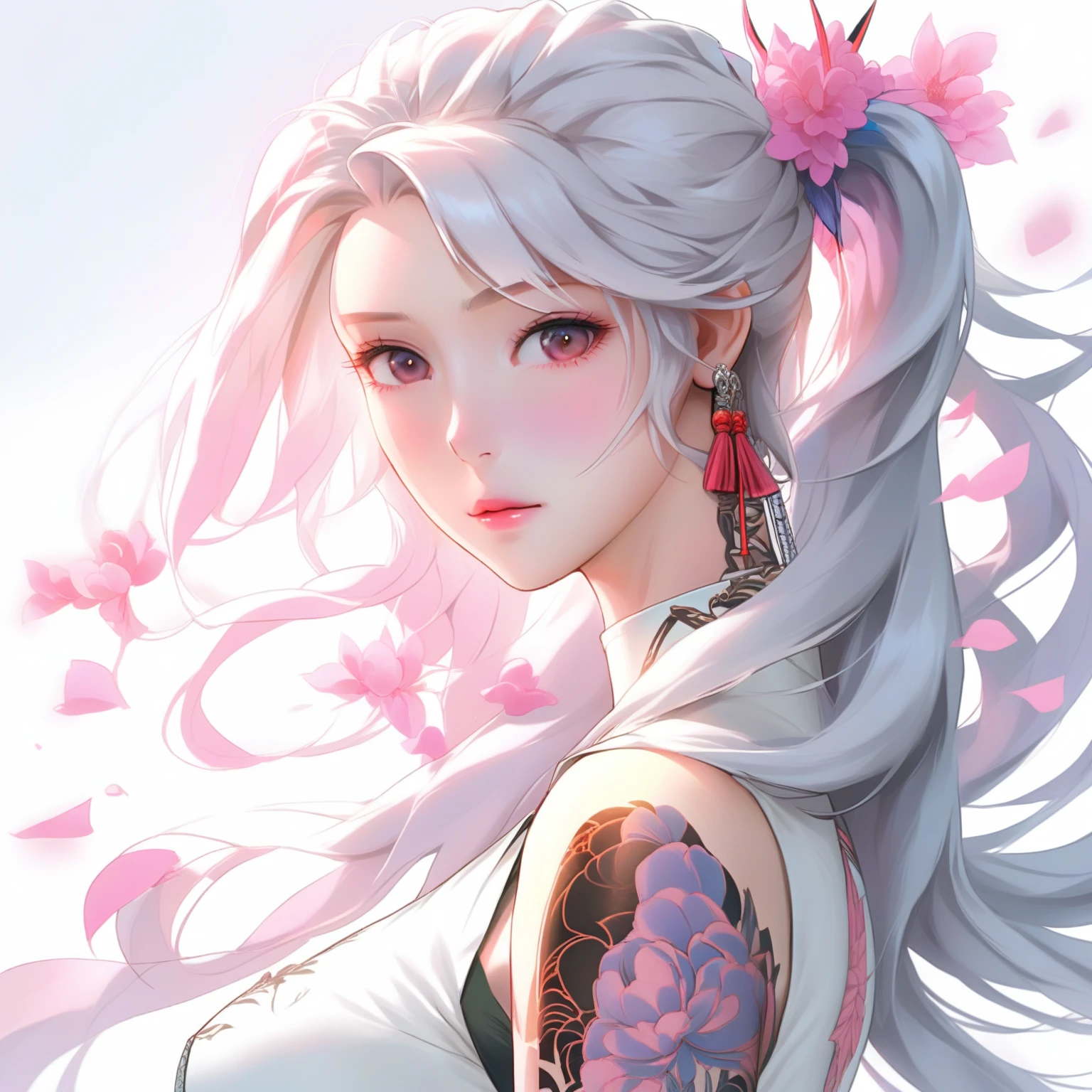 Anime girl with long white hair and pink tattoo on chest, Anime Girl Profile, Beautiful anime girl, White hair girl, Beautiful anime woman, Smooth anime CG art, Perfect white-haired girl, White-haired deity, detailed Digital Animation Art, Beautiful anime portrait, Silver Hair girl, Digital Animation Art, Tifa Lockhart white hair, Silver Hair (Ponytail)