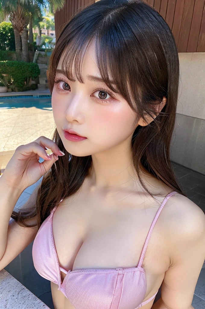 NSFW,(Super big breasts、valley)、Double eyelids、Tear bags、Big, round eyes、Long eyelashes、Pink micro bikini、Beauty、high detailed、8K