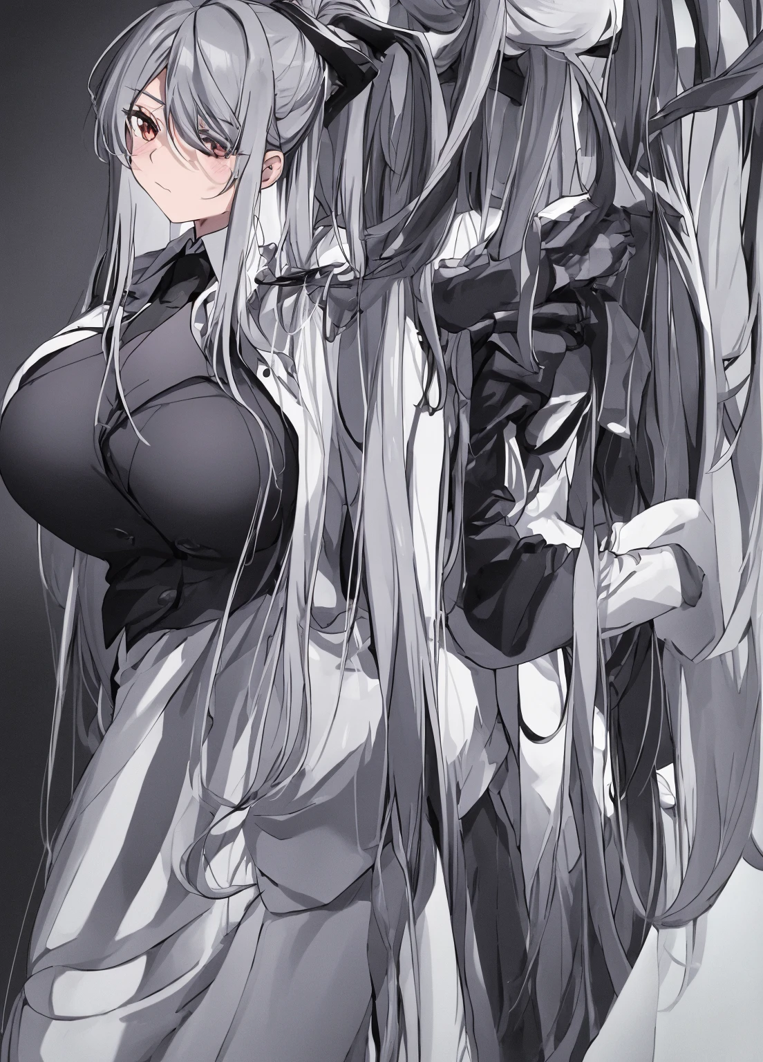 1girl, solo, long hair, breasts, looking at viewer, shirt, long sleeves, hair between eyes, closed mouth, very long hair, jacket, upper body, ponytail, sidelocks, necktie, huge breasts, parted bangs, blazer,