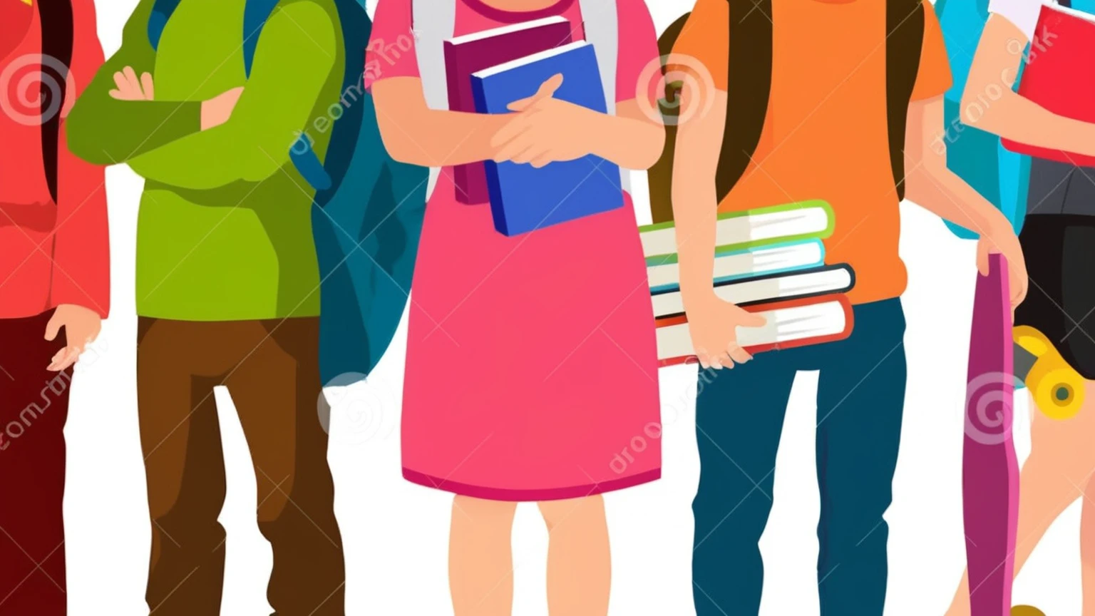 group of students with backpacks and books standing together, college students, textbook illustration in clolour, holding books, student, proffesional illustration, illustrative!!, illustration!, background image, exciting illustration, at college, intermediate art, flat illustration, detailed school background, book cover!!!!!!!!!!!!, for junior, color illustration, colorful kids book illustration, highschool background