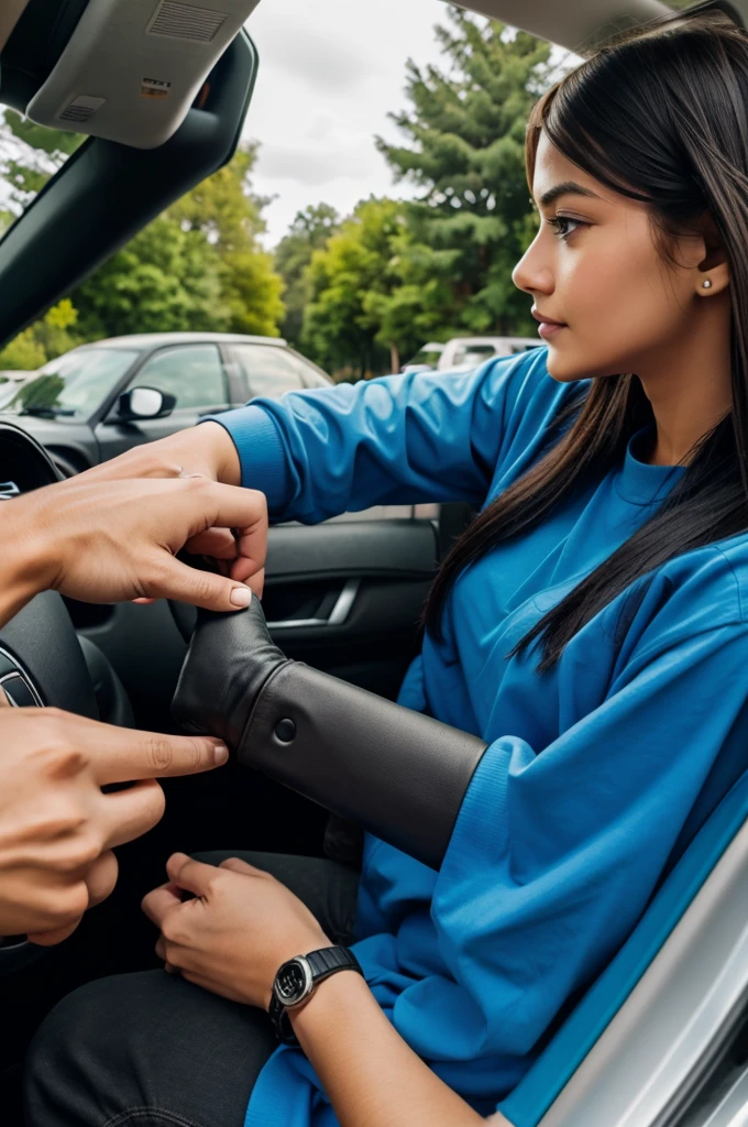 A person stopping a car by showing hand to the driver, driver POV
