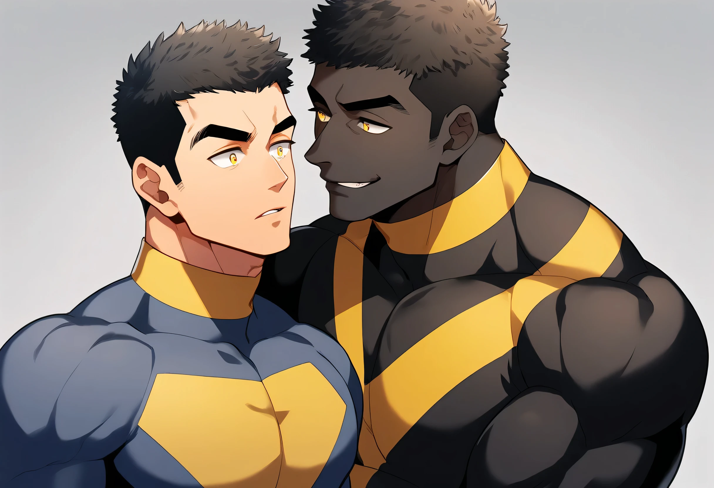 anime characters：Two superheroes in tights, Muscle superhero, negro black skin, They hugged and kissed each other, Caress, Manliness, male focus, Yellow and black striped high collar long sleeve tight T-shirt, Slightly transparent material, Very tight, Round, full and perky chest muscles, Male dog waist, Slightly transparent, muscular male, muscular, only, Upper body, alone, Black short hair, Thick eyebrows, stubble, Yellow eyes, Grey background, simple background, amazing quality, best aesthetics, Ridiculous, bright pupils, crew cut, parted lips, seductive smile, torogao, naughty face, drop shadow, best quality