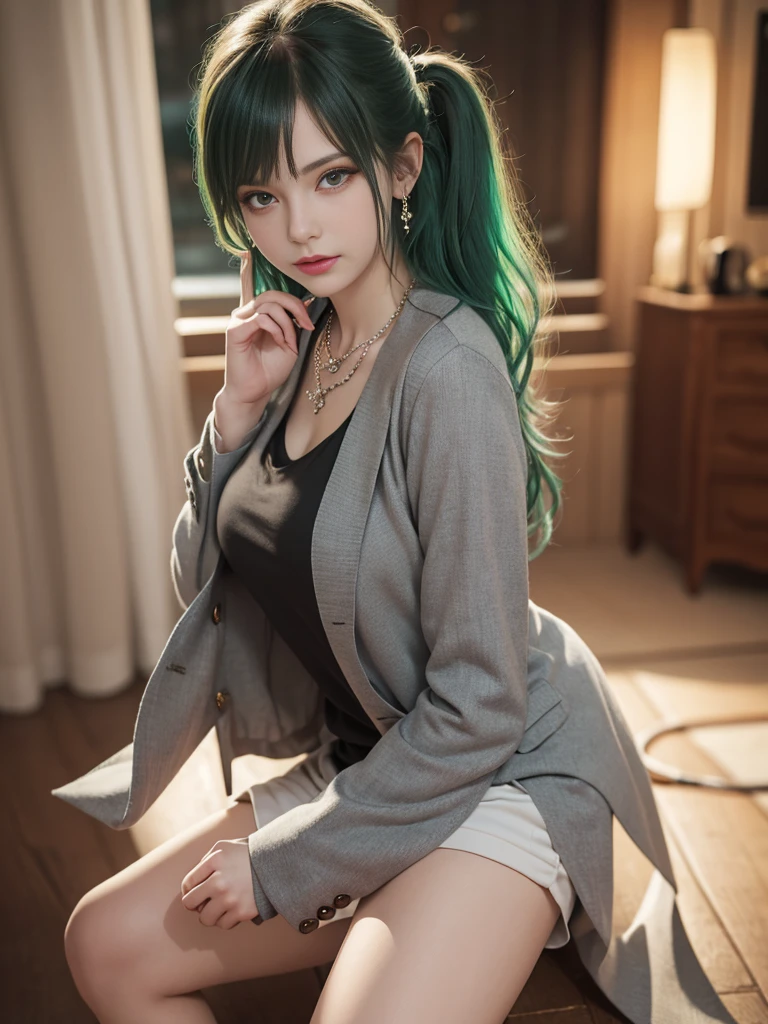 russian girl, fullbody, necklace, jewelry, green hair, red eyeliner, brown eyes, bangs, sexy pose, best quality, masterpiece, wearing suit, an extremely delicate and beautiful, CG, unity, 8k wallpaper, Amazing, finely detail, masterpiece, official art, extremely detailed CG unity 8k wallpaper, incredibly absurdres, huge filesize, ultra-detailed, highres, extremely detailed, beautiful detailed girl, realistic, full frontal, light contrast, completely legs