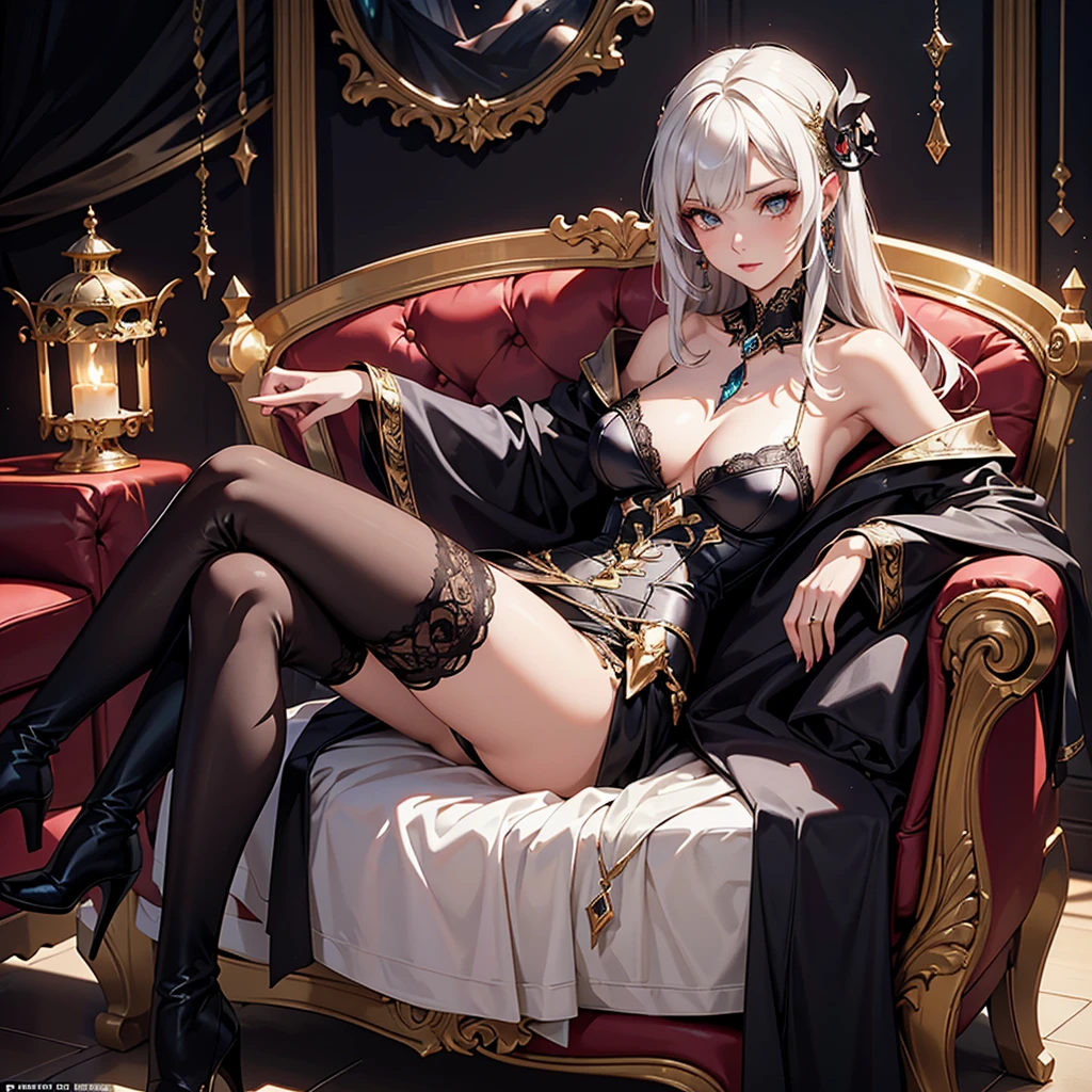 fantasy style, 1 sorceress girl, beautiful, slender, sexy, big breasts, makeup, expensive luxury fantasy sorceress dress, skull decoration, long high-heeled boots, lace stockings, in the room, sitting in an armchair, hentai,