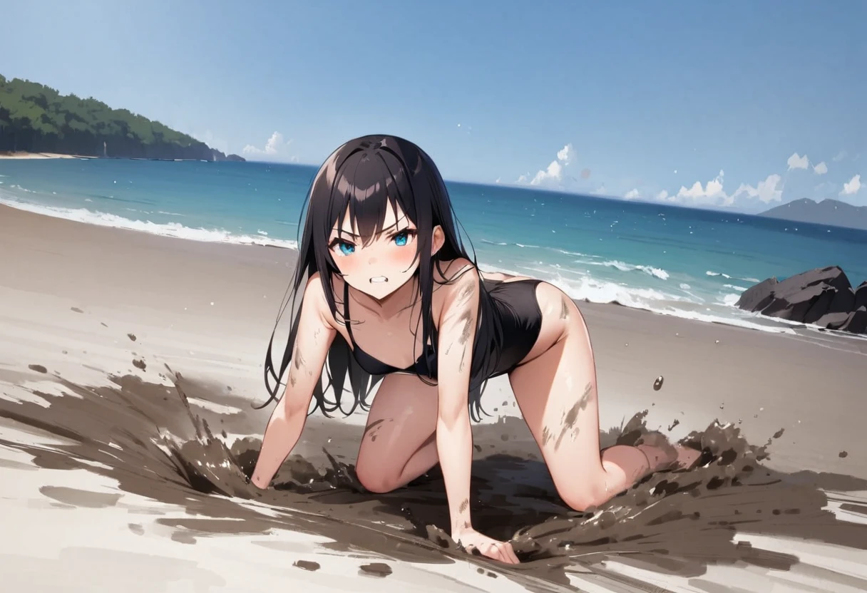 On all fours、One person、tideland、blue sky、Black T-shirt、Black Swimsuit、Short black hair、Thighs、Girl、Girl、Short、Younger、Lower school year、Baby Face、Both eyes open、flat chest、Angry、Dynamic Angle、Beach、My feet are covered in mud、There&#39;s a little bit of mud on my face、sunlight、masterpiece、best quality、ultra-detail、Seaside、Sandy Beach、Sweat、event
