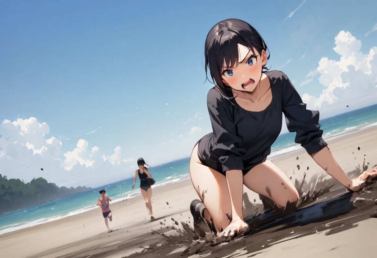 On all fours、One person、tideland、blue sky、Black T-shirt、Black Swimsuit、Short black hair、Thighs、Girl、Girl、Short、Younger、Lower school year、Baby Face、Both eyes open、flat chest、Angry、Dynamic Angle、Beach、My feet are covered in mud、There&#39;s a little bit of mud on my face、sunlight、masterpiece、best quality、ultra-detail、Seaside、Sandy Beach、Sweat、event
