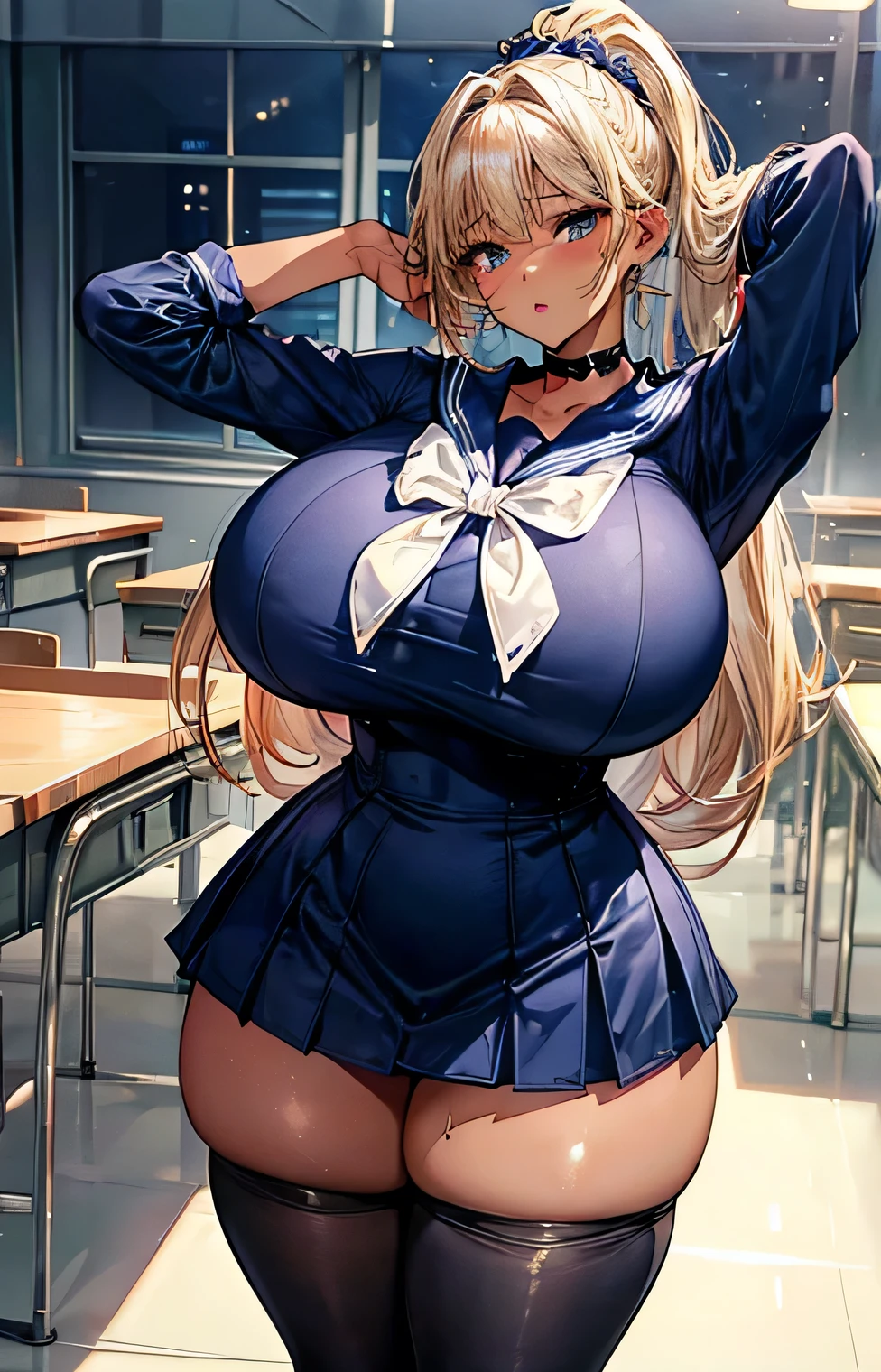 (masterpiece:1.2、Highest quality、Tmasterpiece)、1 female、alone、classroom、Day、stand、blonde、ponytail、Beautiful eyes、break、(Navy blue sailor suit:1.4)、(Dark Skin:1.4)、Big Breasts、pantyhose、Place your hands behind your head、corset、Hoop Earrings、lipstick、Sweaty、Ring Choker、Scrunchie、blush、Covered breasts、Bangs braids、(Thick lips:1.2),(Very short mini skirt:1.3),(Phone:1.2)