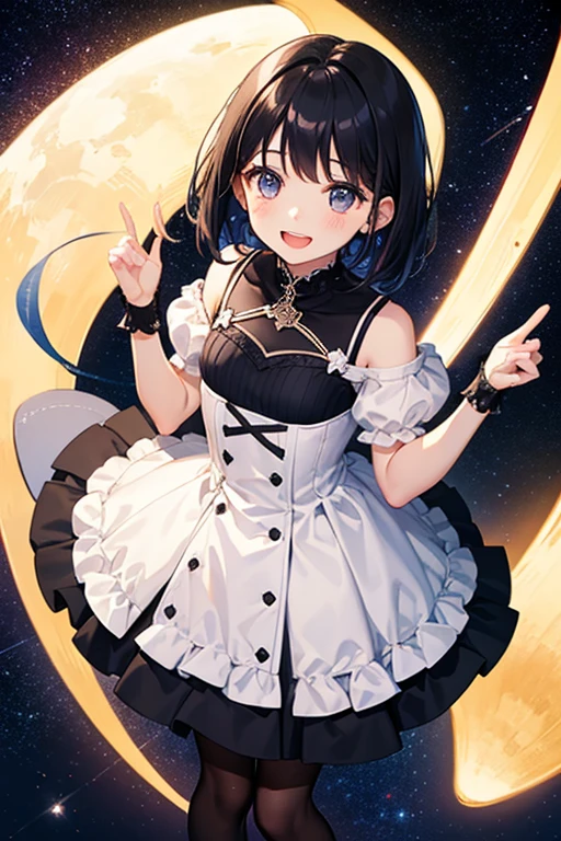 Highest quality、Black Hair、Iris、Short Hair、Girl、cute、、、Small hair fastening、Dresses in bright colors、Wearing black pantyhose、Looking up at the starry sky、The expression is a happy smile、Mouth slightly open、Astronomical observation、night