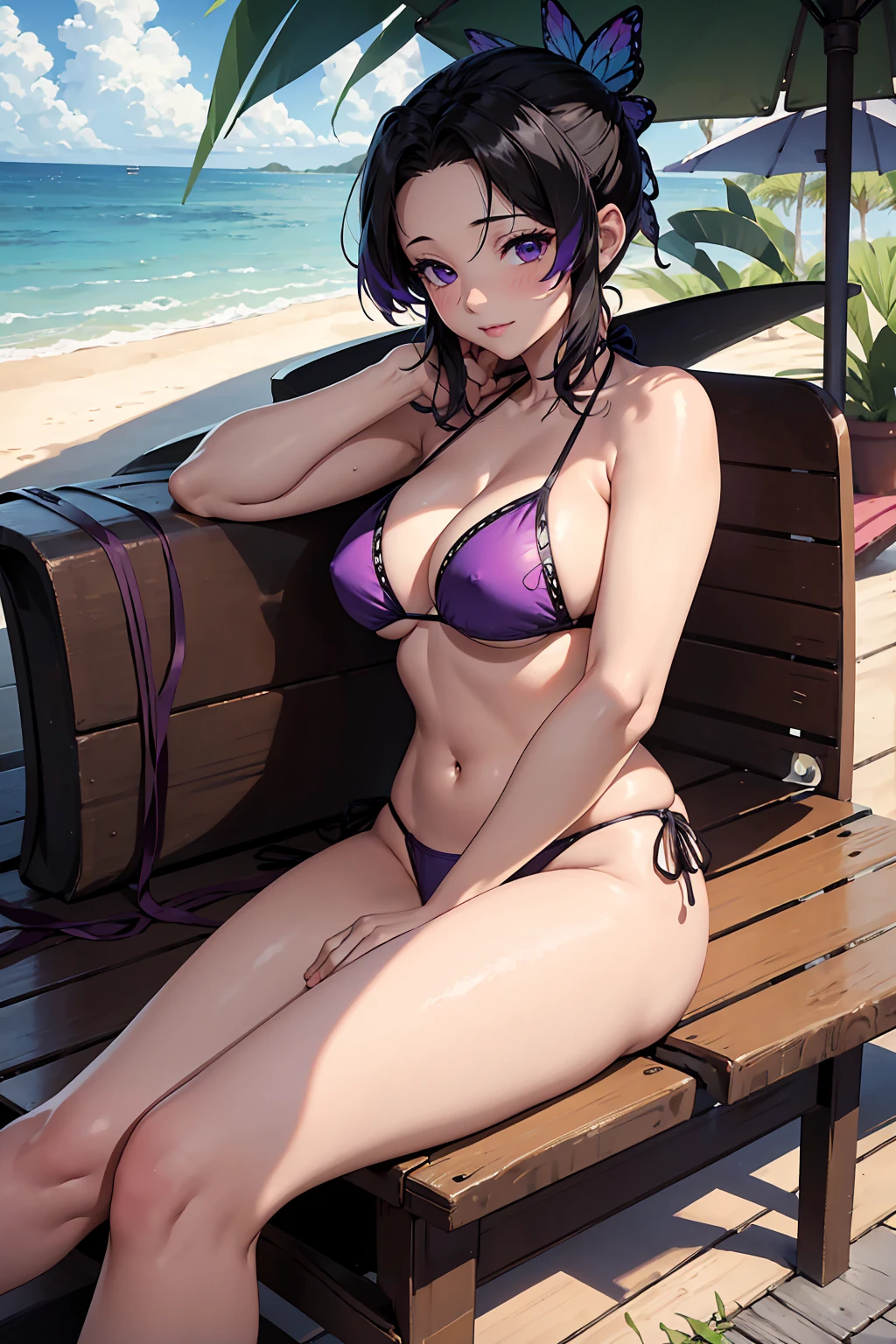 NSFW　Ultra-realistic 8K CG，masterpiece，（（Highly detailed background，Delicate pattern，Intricate detail and top quality，Very very detailed color，Very detailed eyes and facial features，Very fine particles，Section Chief Ren，Colorful Hair，No bangs，Hair Intake，Purple eyes，(((Black Bikini)))++，（Tropical Garden：1.2），Beautiful beach　，Seductive posture，（:1.3)，（Chopping:1.3)，（Off-the-shoulder outfit:1.6)　Beach Mat　sit　M-shaped legs　Spread your legs　between legs　Super blushing