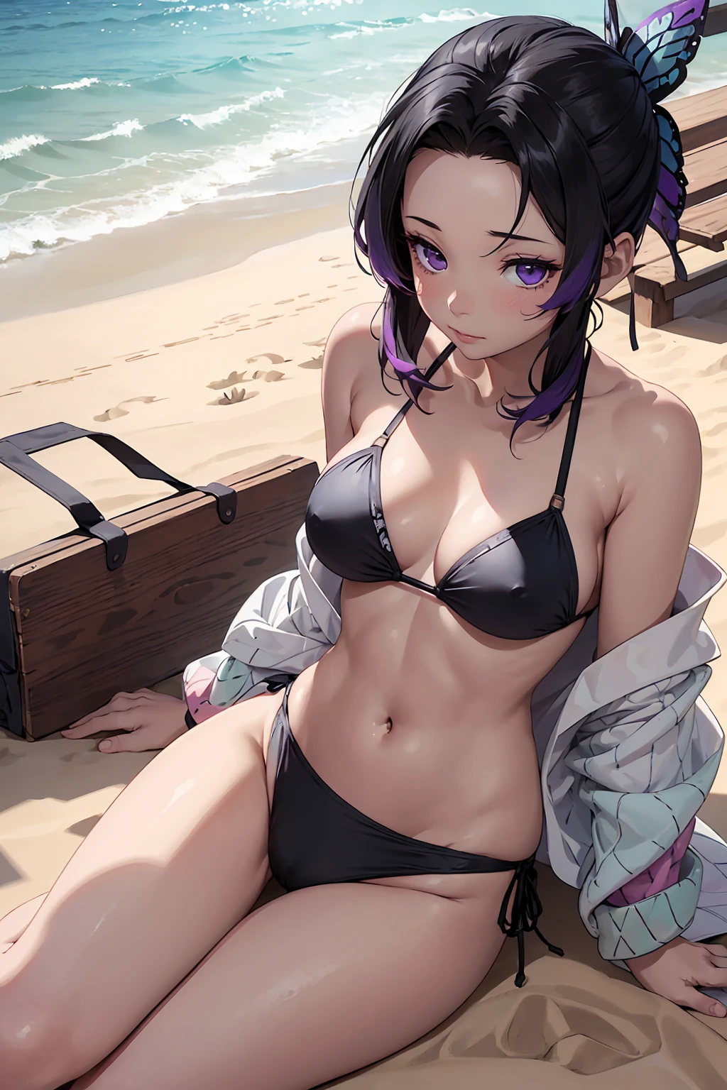 NSFW　Ultra-realistic 8K CG，masterpiece，（（Highly detailed background，Delicate pattern，Intricate detail and top quality，Very very detailed color，Very detailed eyes and facial features，Very fine particles，Section Chief Ren，Colorful Hair，No bangs，Hair Intake，Purple eyes，(((Black Bikini)))++，（Tropical Garden：1.2），Beautiful beach　，Seductive posture，（:1.3)，（Chopping:1.3)，（Off-the-shoulder outfit:1.6)　Beach Mat　sit　M-shaped legs　Spread your legs　between legs　Super blushing
