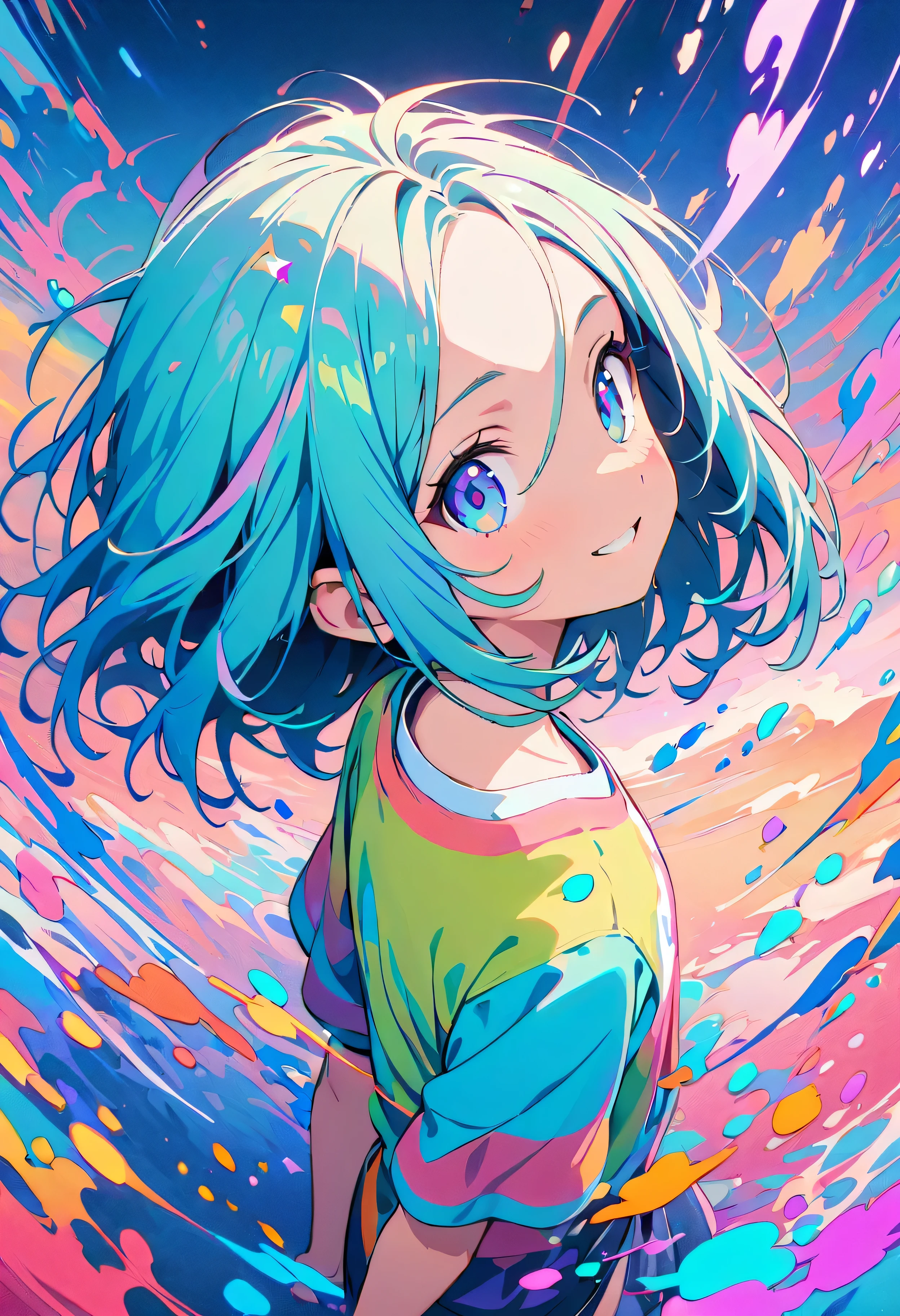 (masterpiece, Highest quality, Official Art:1.2), (colorful), Perfect Anatomy, Looking at the audience,One Girl, alone, floating colorful water, Ultra-fine illustrations, Highly Details, Dynamic Angle, Beautiful detailed, 8K, 壊す smiling amidst the colorful scenes, (High resolution), Anime Style, (Fractal Art:1.1), pastel colour, 12 years old, Center parted short bob, hair between eyes, forehead