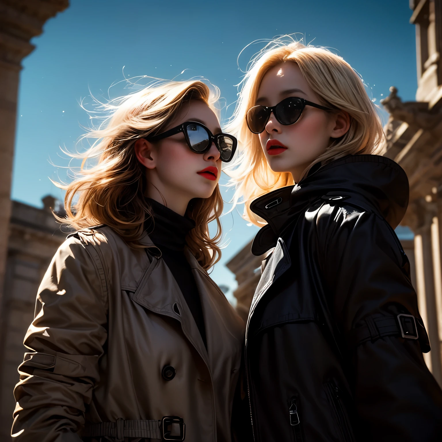 Full body, 1 woman, blonde short bob hair, bright red lipstick, big sunglasses, boots, white tight turtleneck sweater, Burberry checked skirt, woman in black trench coat (black trench coat:1.7), beautifully detailed eyes, beautifully detailed lips, highly detailed eyes and face, long eyelashes, 1 girl, elegant, mysterious, dramatic lighting, moody atmosphere, dark and grainy, chiaroscuro, high contrast, cinematic, neo-noir, dramatic shadows, dramatic highlights, twilight sky, sunset sky, very beautiful colored sky, natural light, realistic, photorealistic, photorealistic:1.37, highest quality, 4k, 8k, high resolution, masterpiece:1.2, ultra detailed, cinematic composition, dramatic pose, atmospheric, emotional, evocative, impressive, (paris, beautiful view, from below), landscape