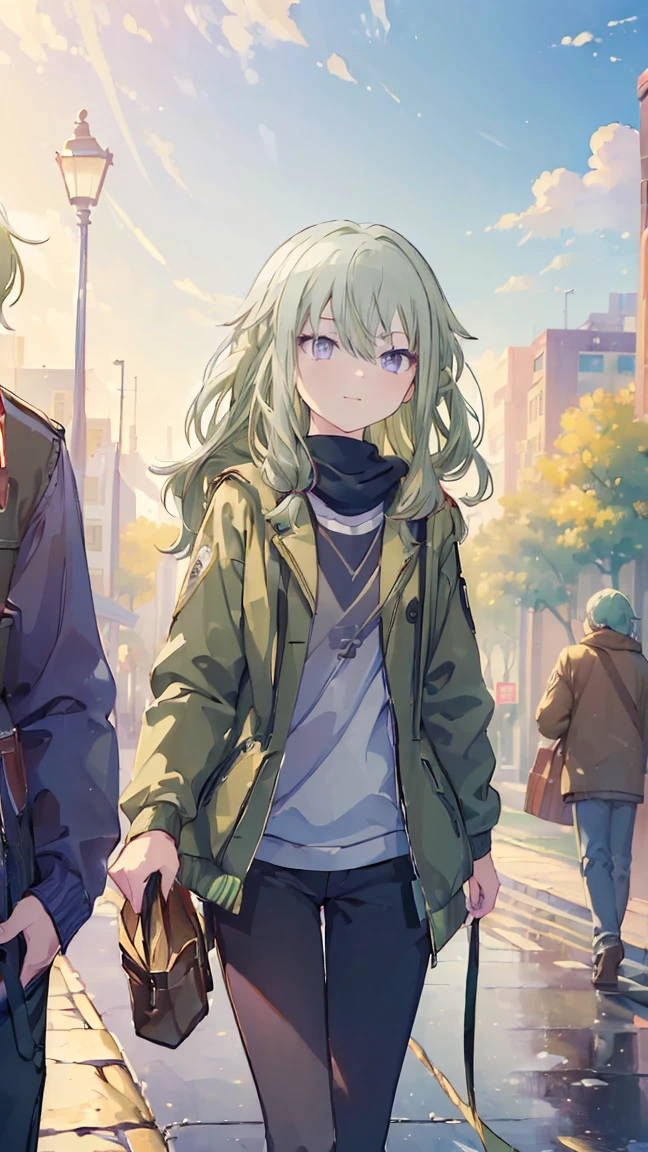 (masterpiece, Highest quality:1.6),Best image quality、Highest quality、Perfect lighting,masterpiece、(8K、masterpiece、Highest quality)、Best image quality、Chest close-up、During a walk、Outdoors、Smile at me、The sense of distance as if you were walking next to me、light green hair color、Kusanagi Nin々、、profile