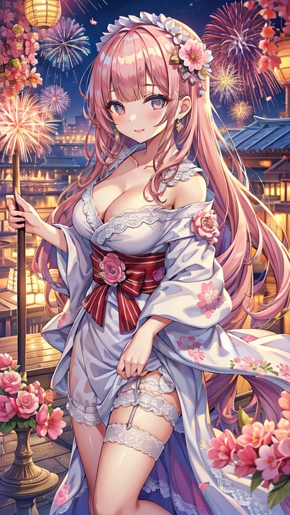Masterpiece、Highest quality、Super detailed、1 girl、Light pink hair、Fluffy and soft long hair、Starry eyes、Big Tits、Cleavage、yukata、Wide open chest、firework、Night Sky、smile、Lace cape、Earrings、garter belt