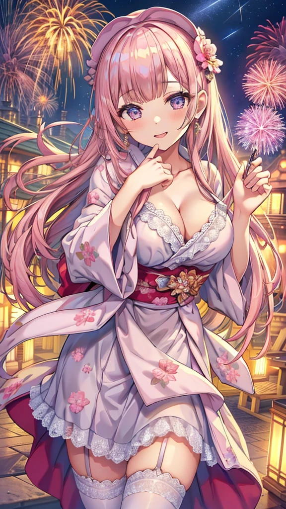 Masterpiece、Highest quality、Super detailed、1 girl、Light pink hair、Fluffy and soft long hair、Starry eyes、Big Tits、Cleavage、yukata、Wide open chest、firework、Night Sky、smile、Lace cape、Earrings、garter belt