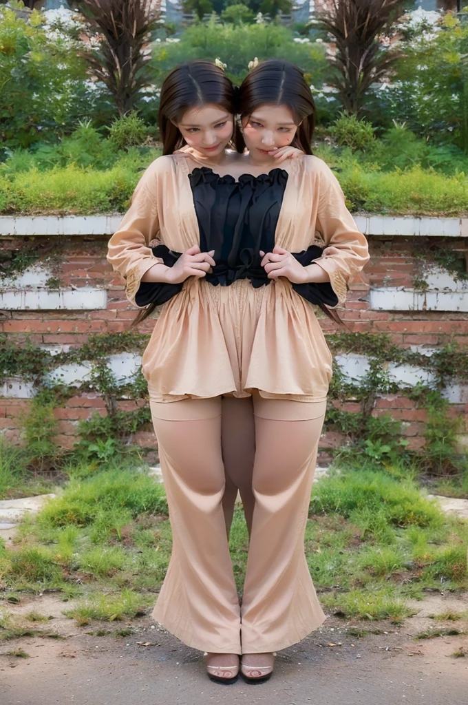 ((Best quality, 8k, Masterpiece :1.3, 2heads:1.5)), 1girl, perfect faces, perfect eyes, smiling, full body, slim face, Pretty woman, (Dark brown hair), full length dress :1.1, Ultra-detailed face, Detailed eyes, Double eyelid,  blur background, slim face, city, outside, street,