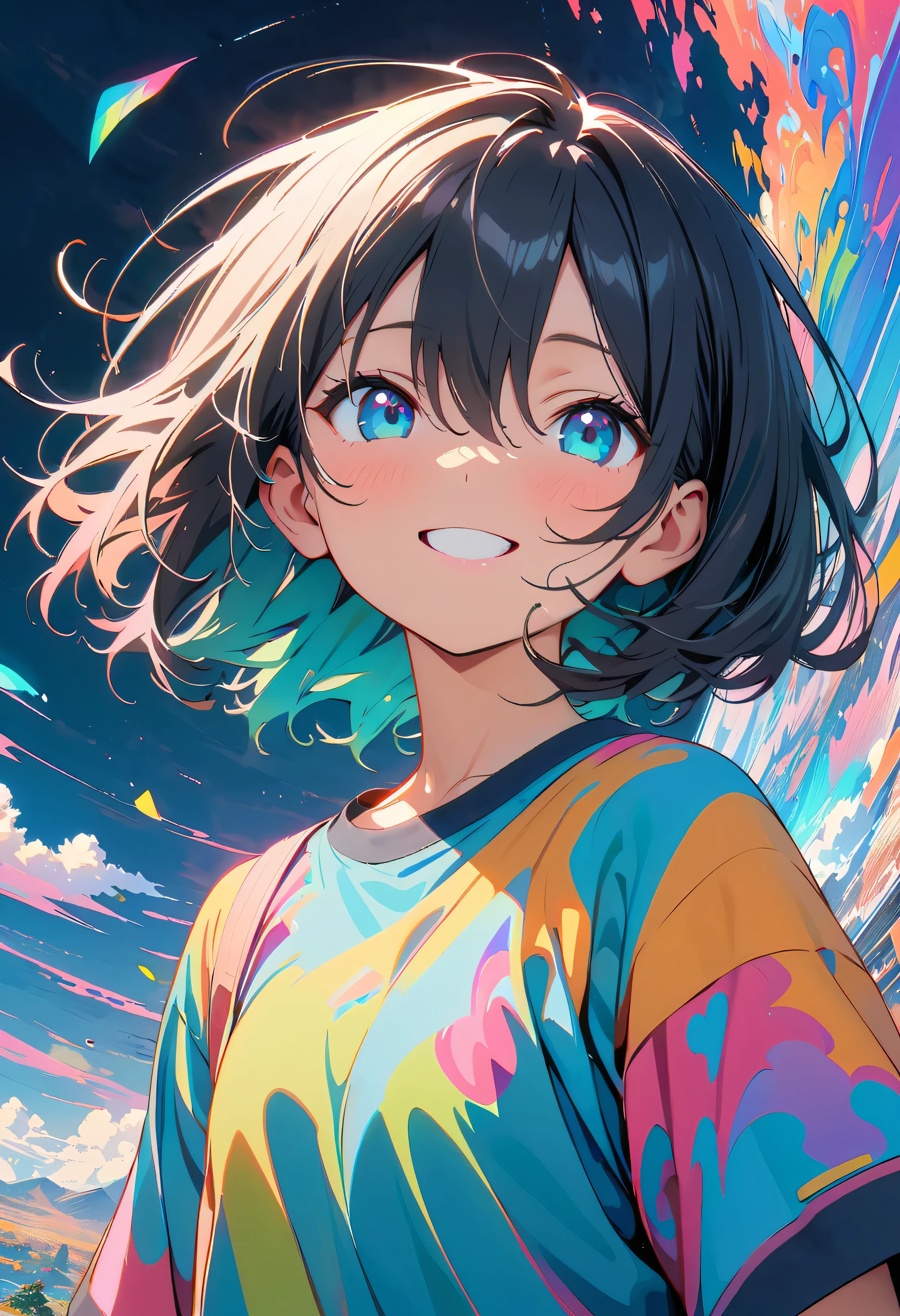 (masterpiece, Highest quality, Official Art:1.2), (colorful), Perfect Anatomy, Looking at the audience,One Girl, alone, floating colorful water, Ultra-fine illustrations, Highly Details, Dynamic Angle, Beautiful detailed, 8K, 壊す smiling amidst the colorful scenes, (High resolution), Anime Style, (Fractal Art:1.1), 12 years old, Center parted short bob, hair between eyes, forehead