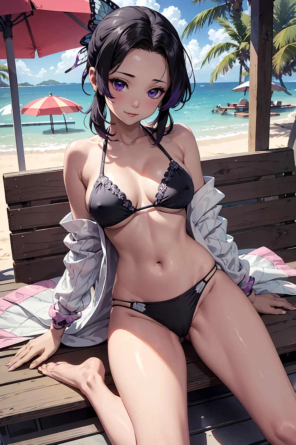 NSFW　Ultra-realistic 8K CG，masterpiece，（（Highly detailed background，Delicate pattern，Intricate detail and top quality，Very very detailed color，Very detailed eyes and facial features，Very fine particles，Section Chief Ren，Colorful Hair，No bangs，Hair Intake，Purple eyes，(((Black Bikini)))++，（Tropical Garden：1.2），Beautiful beach　，Seductive posture，（:1.3)，（Chopping:1.3)，（Off-the-shoulder outfit:1.6)　Beach Mat　sit　M-shaped legs　Spread your legs　between legs　Super blushing　Seductive pose