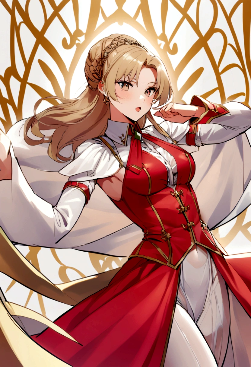 (master part, Best Quality:1.2), cowboy shot, Alone, 1 girl, alicia melchiott, smile, looking at the viewer, crossed arms, double tails, at the height, military uniform, atar, Thighs