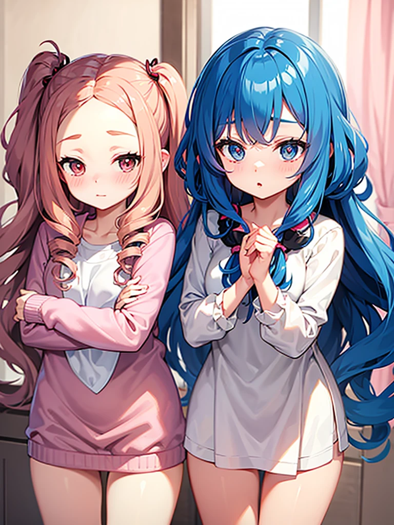 Anime girl curtain bangs curly on both side showing forehead