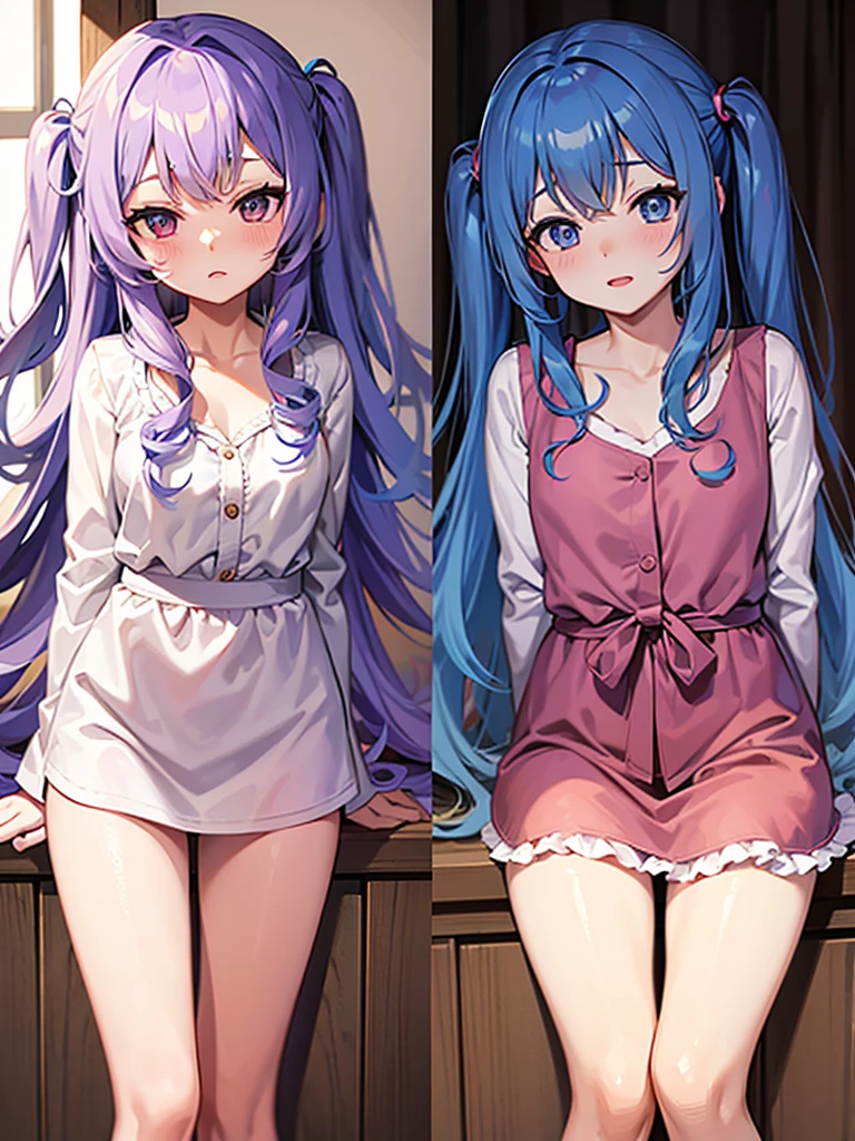 Anime girl curtain bangs curly on both side showing forehead