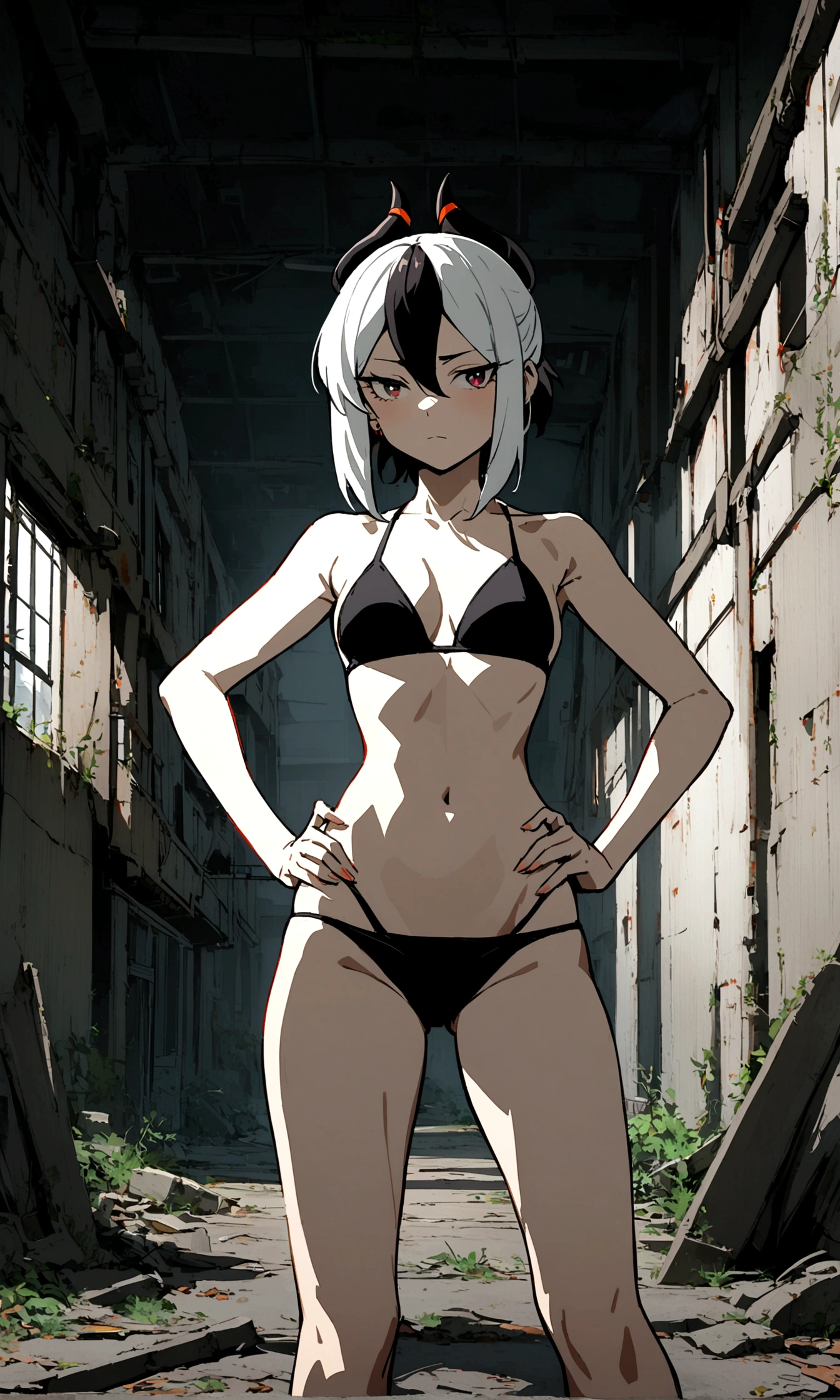 1 woman, Kayoko , black and white short hair , conjunctivitis , sly face , black bikini , abdomen , Long legs , hands on hips , half body , abandoned factory