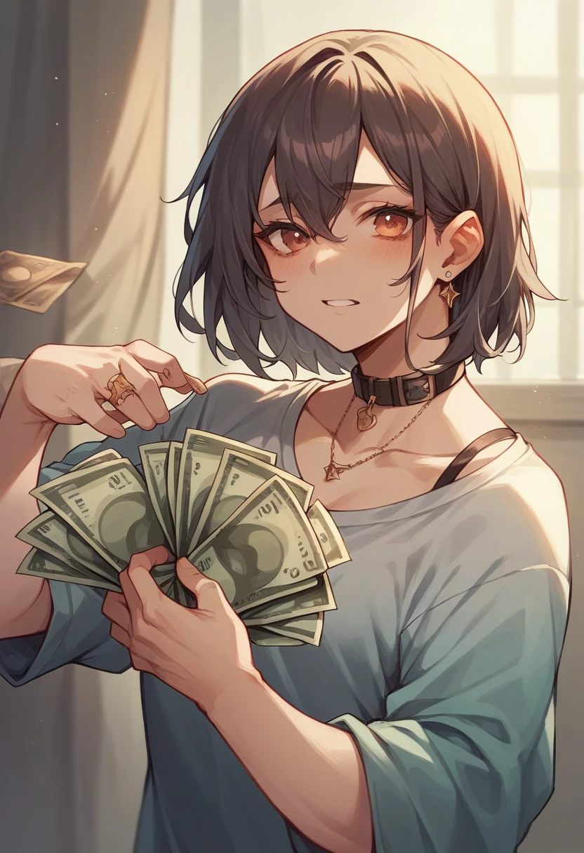 rating_safe, score_8_up, score_7_up, score_6_up, ((full-body shot of girl holding up a dollar-bill towards viewer)), uncensored, shiny skin, small breasts, pale skin, cute perfect face, skinny kid-like proportions, big head with big eyes, thin body, tiny limbs,  (ears hidden under hair), ((smooth black ear-covering hair, one eye covered by hair)), ((full-body shot)), cute button nose, freckles, oversized black loose pullover slipped off one shoulder, oversized-sleeves, looking up at viewer, blank spotlight background, sheepish tiny smile, barefoot, cute dainty feet, tip-toe stance, girl holding hand with money high into the air, waving with dollar bill, offering money to viewer, zoomed-out view, black hair, cute dainty feet, human ears, zoomed-out view, completely in frame