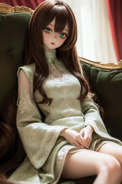 photorealistic, realistic photo, ((highest quality)), ((masterpiece)), detailed, kukolnydom, doll, (woman, 22yo, 22 years old:1.6), solo, (sitting on sofa, reclining on sofa, green eyes, brown hair, medium hair, wavy hair, parted lips, looking at another, skinny, slender, slim, blank eyes, empty eyes, detailed eyes, detailed face:1.3), blouse, castle, 8k