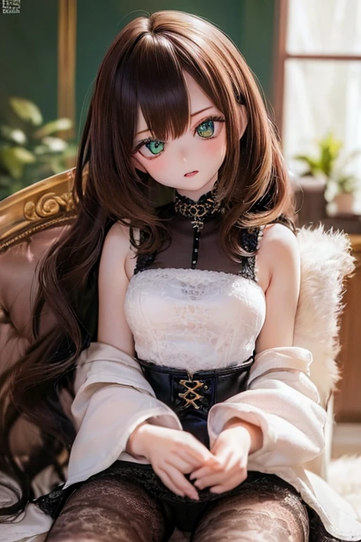 photorealistic, realistic photo, ((highest quality)), ((masterpiece)), detailed, kukolnydom, doll, (woman, 22yo, 22 years old:1.6), solo, (sitting on sofa, reclining on sofa, green eyes, brown hair, medium hair, wavy hair, parted lips, looking at another, skinny, slender, slim, blank eyes, empty eyes, detailed eyes, detailed face:1.3), blouse, castle, 8k