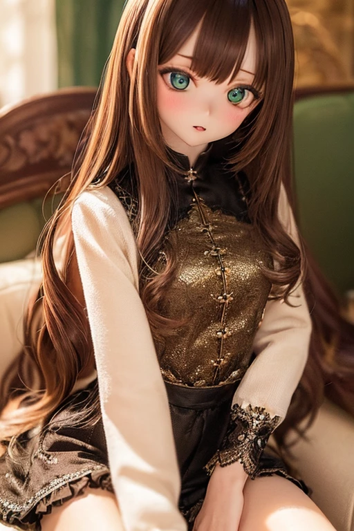 photorealistic, realistic photo, ((highest quality)), ((masterpiece)), detailed, kukolnydom, doll, (woman, 22yo, 22 years old:1.6), solo, (sitting on sofa, reclining on sofa, green eyes, brown hair, medium hair, wavy hair, parted lips, looking at another, skinny, slender, slim, blank eyes, empty eyes, detailed eyes, detailed face:1.3), blouse, castle, 8k