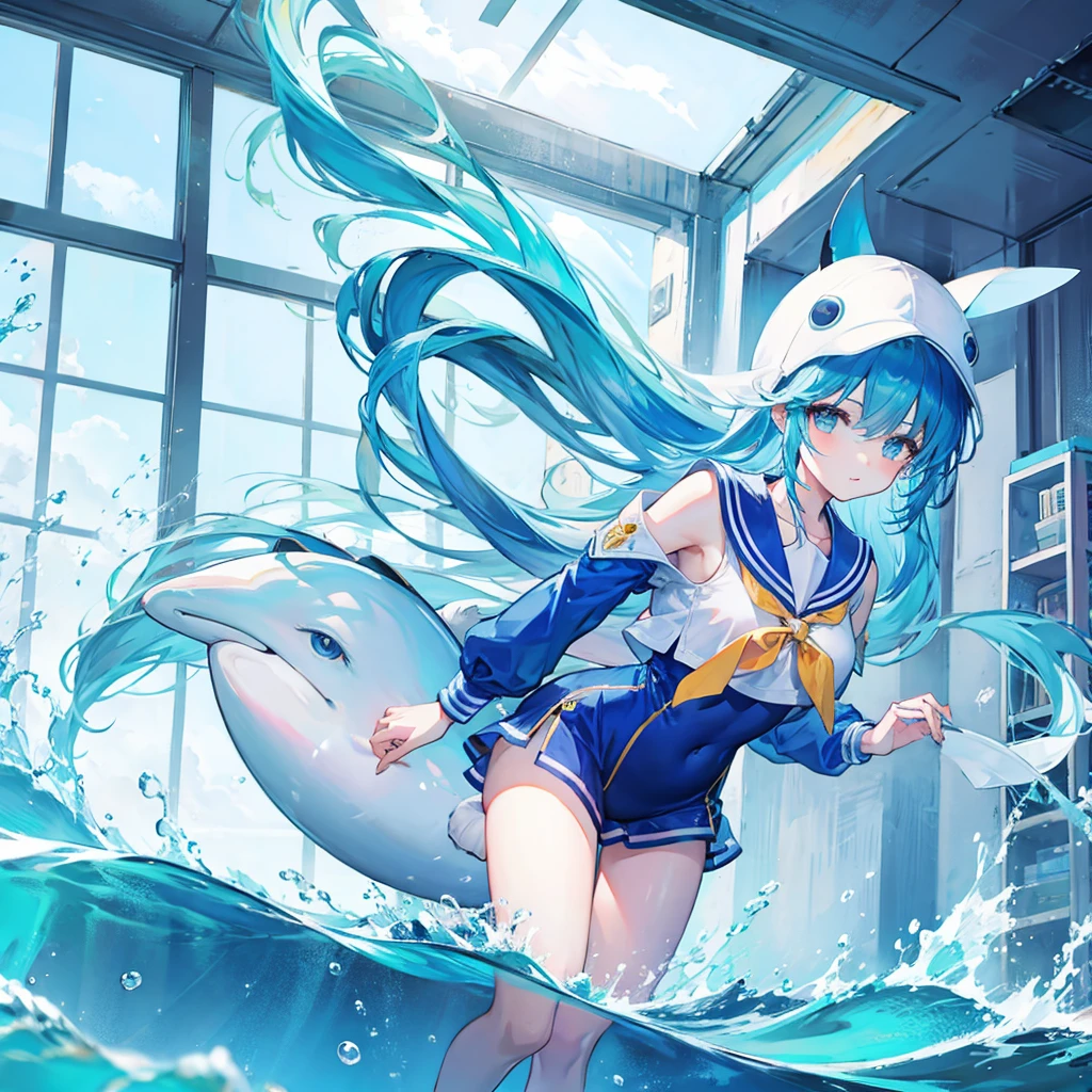 highest quality,whole body,long hair,girl,one young girl,dolphin hat,window made of water,Sea Background,blue sky,girl with dolphin tail,light blue hair,sailor suit