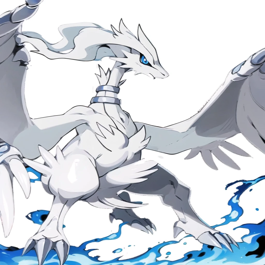 ((masterpiece,best quality)), absurdres, , Reshiram, blue eyes, blue fire, claws, fire, from below, grey background, no humans, simple background, glowing eyes,Redraw it with a beautiful anime picture、Don&#39;t change the design