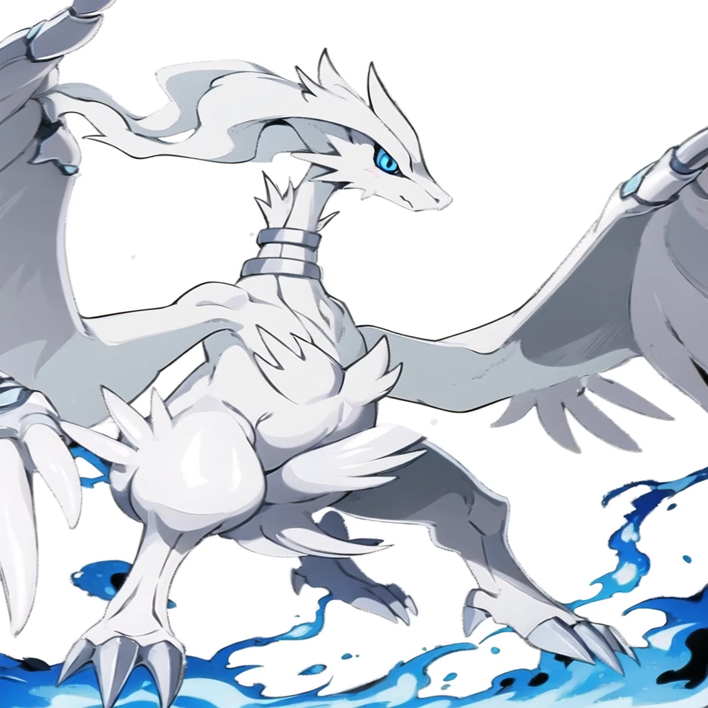 ((masterpiece,best quality)), absurdres, , Reshiram, blue eyes, blue fire, claws, fire, from below, grey background, no humans, simple background, glowing eyes,Redraw it with a beautiful anime picture、Don&#39;t change the design