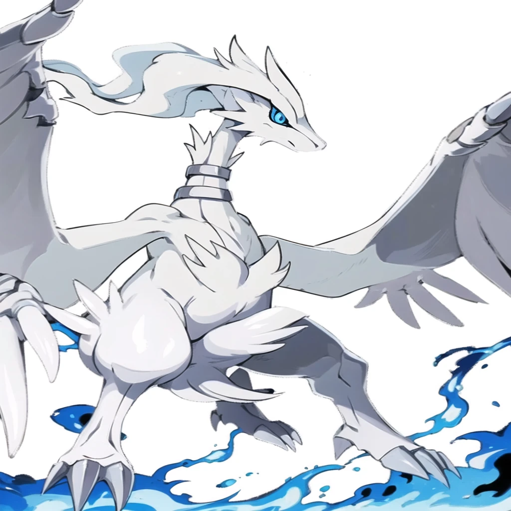 ((masterpiece,best quality)), absurdres, , Reshiram, blue eyes, blue fire, claws, fire, from below, grey background, no humans, simple background, glowing eyes,Redraw it with a beautiful anime picture、Don&#39;t change the design