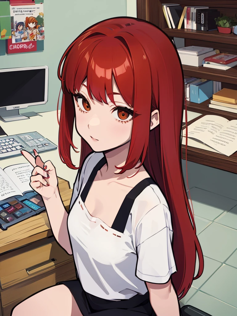21-years old woman, red hair combed to the left side, brown eyes