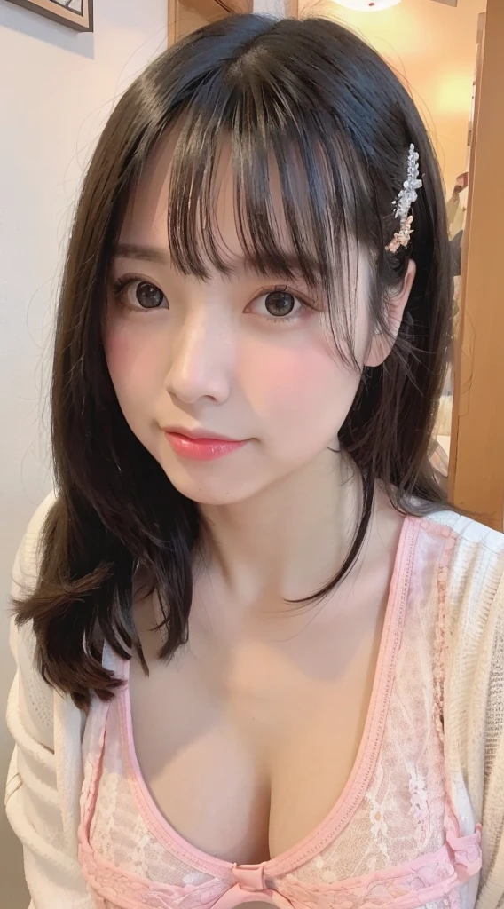 1 female、Highest quality、Ultra-high resolution、(Realistic:1.4)、blush、cute、(Detailed face)、Laughter、Looking into the camera、Inside the room、Black underwear、Huge 、Accentuate your breasts、Large Breasts、Shortcutole in the eye、Face close-up、Married women