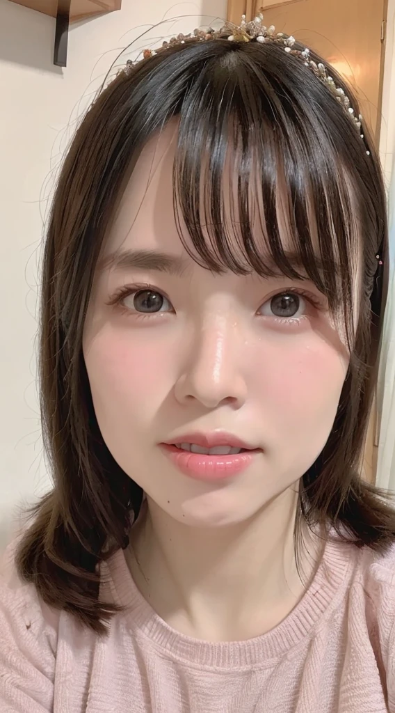 1 female、Highest quality、Ultra-high resolution、(Realistic:1.4)、blush、cute、(Detailed face)、Laughter、Looking into the camera、Inside the room、Black underwear、Huge 、Accentuate your breasts、Large Breasts、Shortcutole in the eye、Face close-up、Married women
