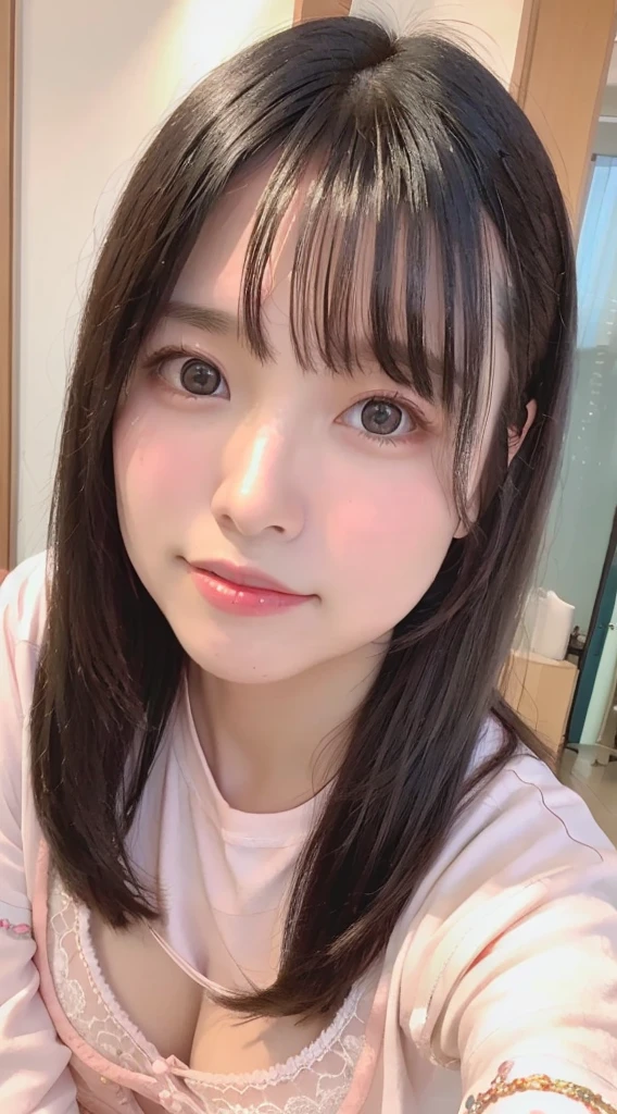 1 female、Highest quality、Ultra-high resolution、(Realistic:1.4)、blush、cute、(Detailed face)、Laughter、Looking into the camera、Inside the room、Black underwear、Huge 、Accentuate your breasts、Large Breasts、Shortcutole in the eye、Face close-up、Married women