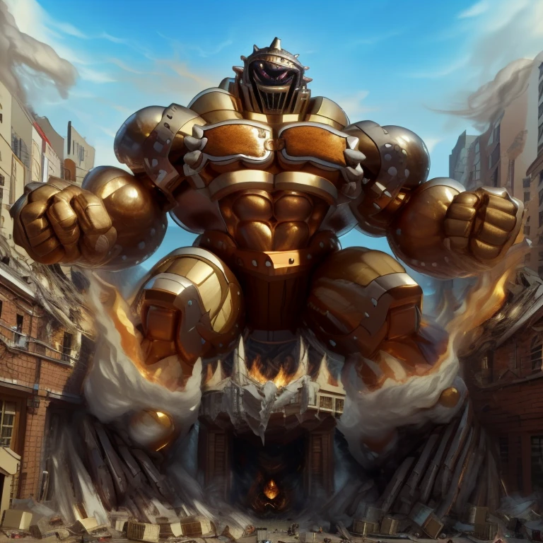 SOLO (masterpiece. official art. 8k. best quality. detailed full body. full body.)

(situation 1 : dominating Armored Flazzard. Armored Flazzard is over 1000 meters long. focus GIANT mechanical Muscular Armored Flazzard is trampling the city. Looking down. macro. stomp. Low-angle perspective. emphasizing the immense size.)

(situation 2 :smoke and flames rising from the destruction in the city)

(Additional details 1: real texture material. whole body shines like metal. emphasizes the muscles. suit fully made of metal.).

(Additional details 2: Detailed head. Detailed Body. Detailed abs. gigantic muscles. HYPER MUSCLES. Gigachad Muscular. big muscle. pecs. triceps. traps. unusually developed muscular body. body full of huge muscles. showing off muscles. pectorales enormes. Exaggeratedly huge muscles. huge muscles. long legs.).
