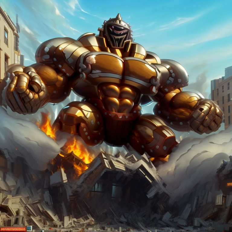SOLO (masterpiece. official art. 8k. best quality. detailed full body. full body.)
(situation 1 : dominating Armored Flazzard. Armored Flazzard is over 1000 meters long. focus GIANT mechanical Muscular Armored Flazzard is trampling the city. Looking down. macro. stomp. Low-angle perspective. emphasizing the immense size.)
(situation 2 :smoke and flames rising from the destruction in the city)
(Additional details 1: real texture material. whole body shines like metal. emphasizes the muscles. suit fully made of metal.).
(Additional details 2: Detailed head. Detailed Body. Detailed abs. gigantic muscles. HYPER MUSCLES. Gigachad Muscular. big muscle. pecs. triceps. traps. unusually developed muscular body. body full of huge muscles. showing off muscles. pectorales enormes. Exaggeratedly huge muscles. huge muscles. long legs.).