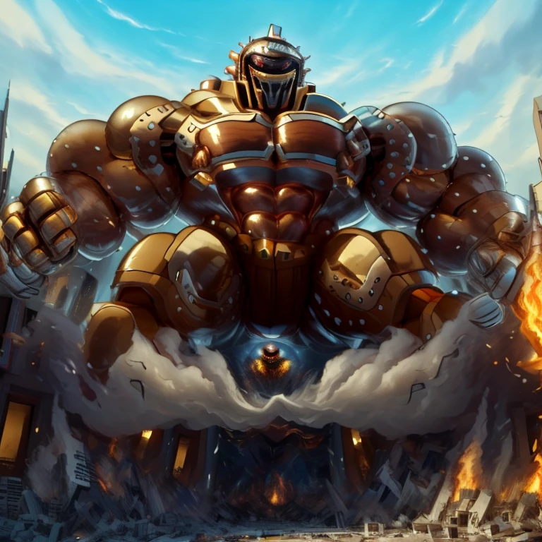 SOLO (masterpiece. official art. 8k. best quality. detailed full body. full body.)
(situation 1 : dominating Armored Flazzard. Armored Flazzard is over 1000 meters long. focus GIANT mechanical Muscular Armored Flazzard is trampling the city. Looking down. macro. stomp. Low-angle perspective. emphasizing the immense size.)
(situation 2 :smoke and flames rising from the destruction in the city)
(Additional details 1: real texture material. whole body shines like metal. emphasizes the muscles. suit fully made of metal.).
(Additional details 2: Detailed head. Detailed Body. Detailed abs. gigantic muscles. HYPER MUSCLES. Gigachad Muscular. big muscle. pecs. triceps. traps. unusually developed muscular body. body full of huge muscles. showing off muscles. pectorales enormes. Exaggeratedly huge muscles. huge muscles. long legs.).