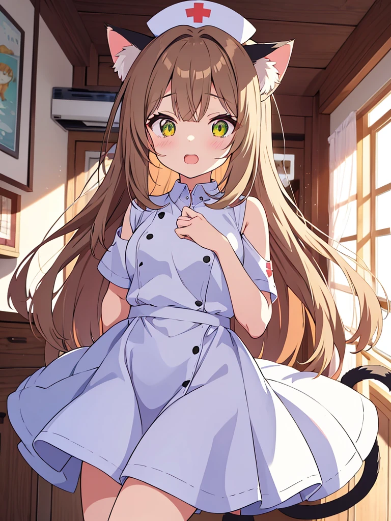 An anime girl with cat ears and a cat tail, dressed as a nurse. She has long, straight light brown hair that falls softly over her shoulders.. His eyes are large and emerald in color., full of sweetness and empathy. Las orejas de gato son esponjosas y the same color as your hair, with slightly darker tips.She wears a white nurse's uniform with pink trim., a white apron with a small pink bow on top, and a nurse's hat with a red cross. Her cat tail is long and fluffy, the same color as your hair, and curves gracefully behind her.He is standing in a bright hospital room, with a kind expression and a slight smile. In one hand he holds a tray with medical supplies, while the other hand is raised in a greeting gesture. Around it, there are details like a hospital bed, a small table with flowers and a window where the sunlight comes in.