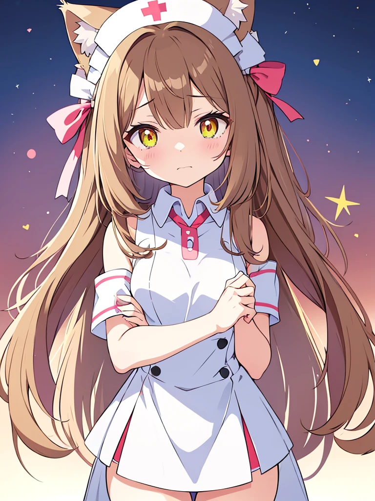 An anime girl with cat ears and a cat tail, dressed as a nurse. She has long, straight light brown hair that falls softly over her shoulders.. His eyes are large and emerald in color., full of sweetness and empathy. Las orejas de gato son esponjosas y the same color as your hair, with slightly darker tips.She wears a white nurse's uniform with pink trim., a white apron with a small pink bow on top, and a nurse's hat with a red cross. Her cat tail is long and fluffy, the same color as your hair, and curves gracefully behind her.He is standing in a bright hospital room, with a kind expression and a slight smile. In one hand he holds a tray with medical supplies, while the other hand is raised in a greeting gesture. Around it, there are details like a hospital bed, a small table with flowers and a window where the sunlight comes in.