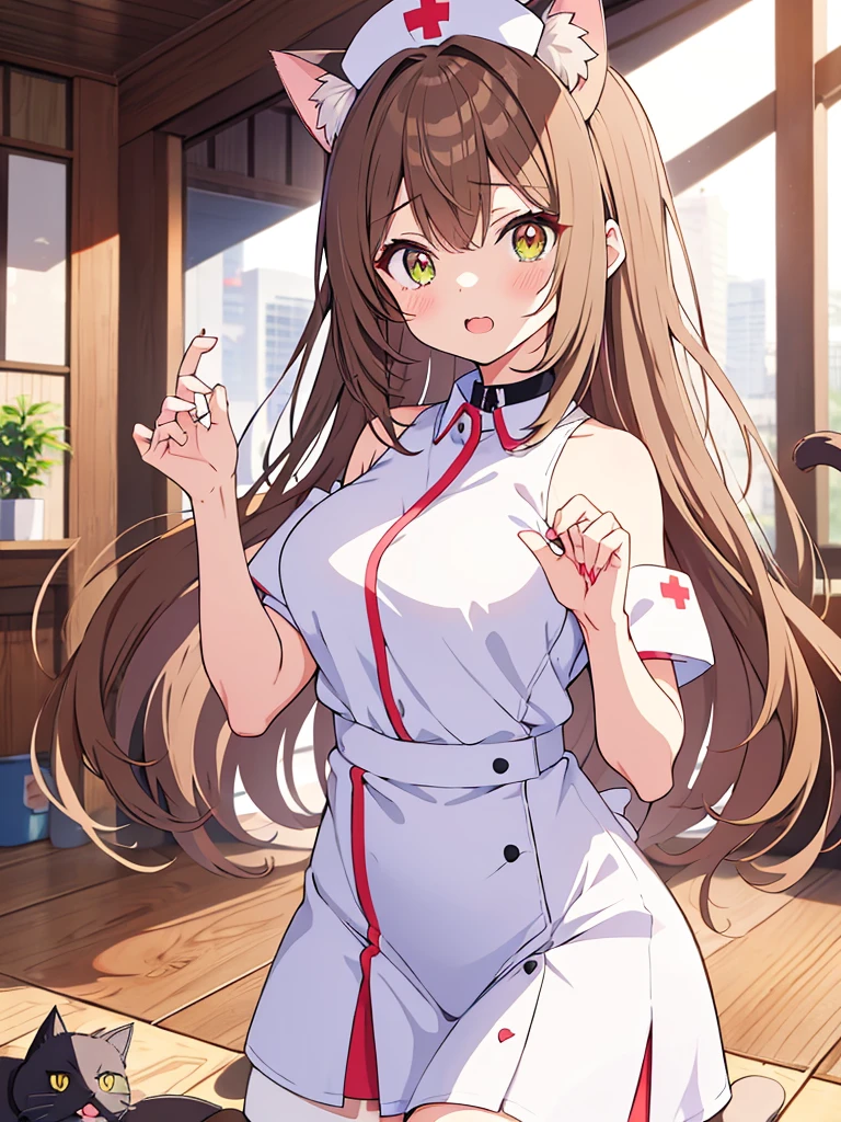 An anime girl with cat ears and a cat tail, dressed as a nurse. She has long, straight light brown hair that falls softly over her shoulders.. His eyes are large and emerald in color., full of sweetness and empathy. Las orejas de gato son esponjosas y the same color as your hair, with slightly darker tips.She wears a white nurse's uniform with pink trim., a white apron with a small pink bow on top, and a nurse's hat with a red cross. Her cat tail is long and fluffy, the same color as your hair, and curves gracefully behind her.He is standing in a bright hospital room, with a kind expression and a slight smile. In one hand he holds a tray with medical supplies, while the other hand is raised in a greeting gesture. Around it, there are details like a hospital bed, a small table with flowers and a window where the sunlight comes in.