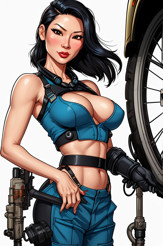 Lucy Liu, gorgeous mechanic, atompunk, blank background, retro-futurism