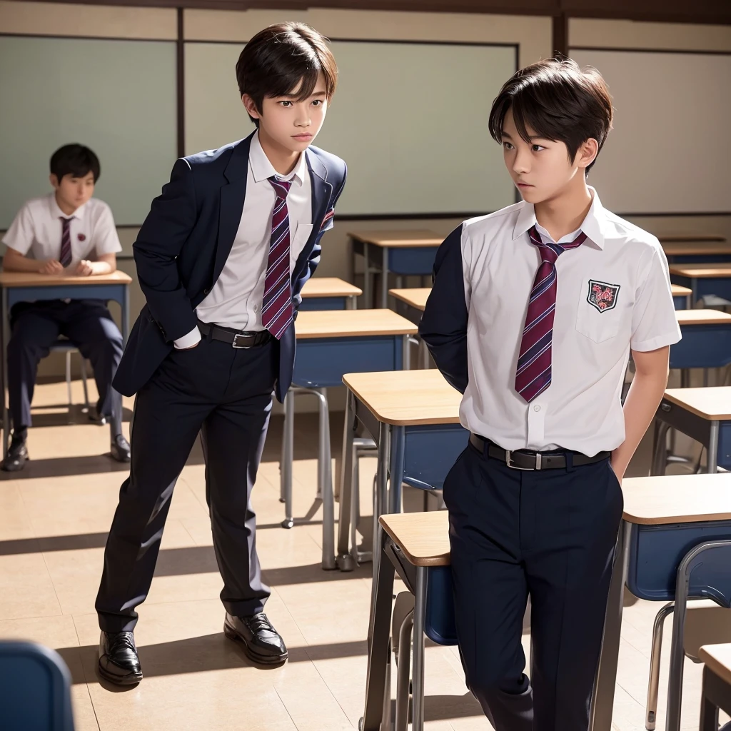 a handsome japanese 15 year old male with a cute round face, sexy, wearing a PE uniform, blushing and resisting, full body shot framing the entire scene, detailed, complex details, photorealistic, sharp focus, school setting, crowded classroom, another male student put in the other male's pants from behind, dramatic movie lighting and shadows